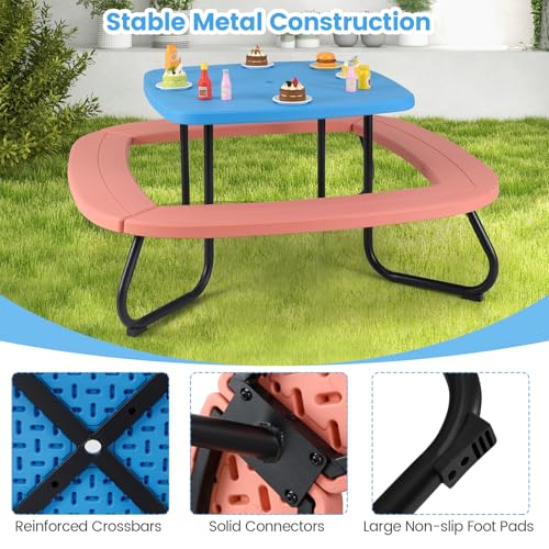 Kids Picnic Table with Umbrella and 4 Built-in Benches S5719