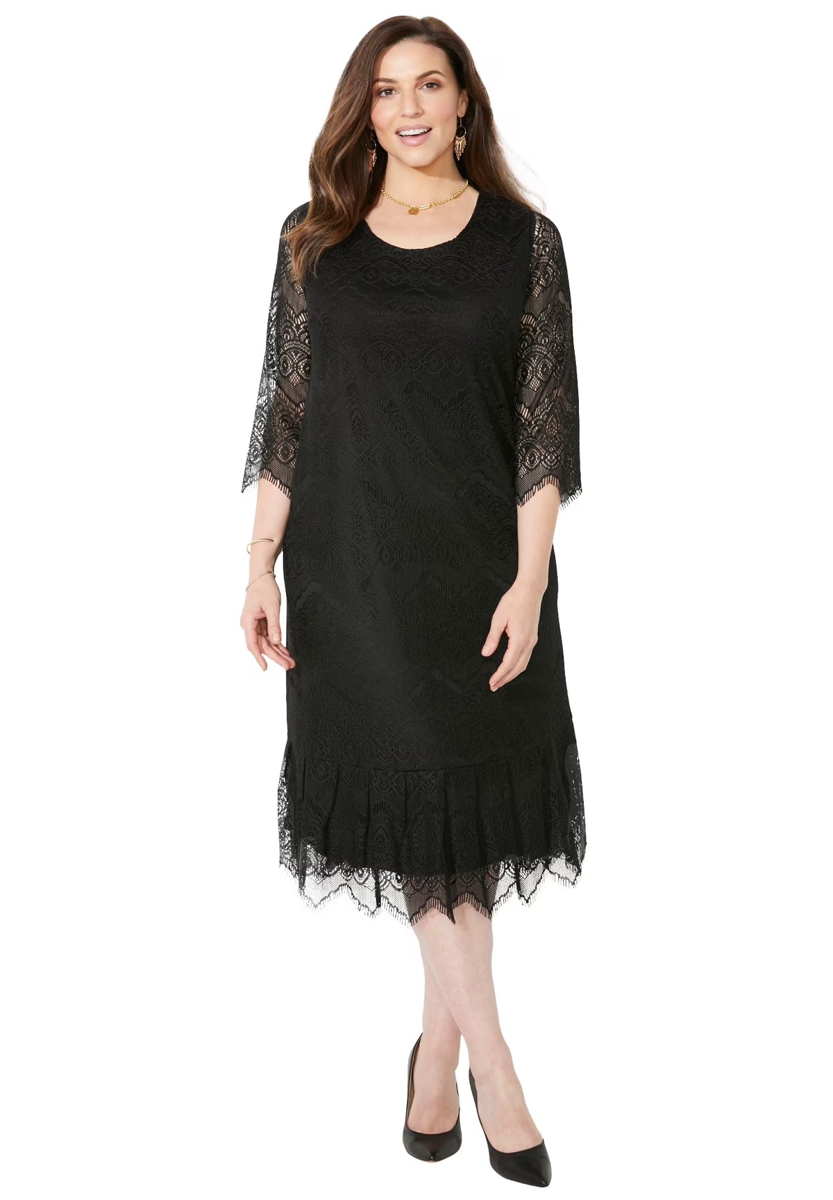 Plus Size Shirred Lace Flounce Dress J840513
