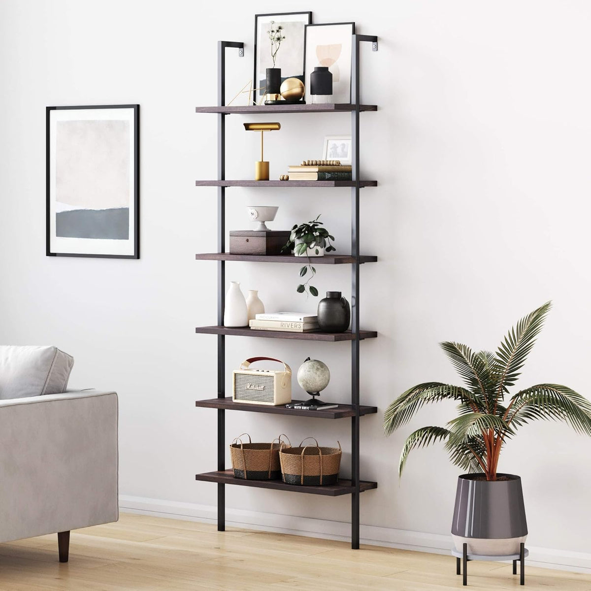 White/Gold 5-Shelf Ladder Bookcase with Metal Frame P948665