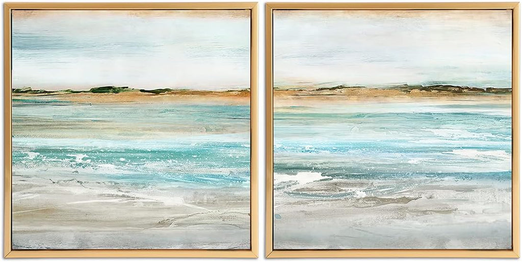 Gold Framed Linen Canvas Beach Landscape Painting 12 x 12 Set of 2 J590848