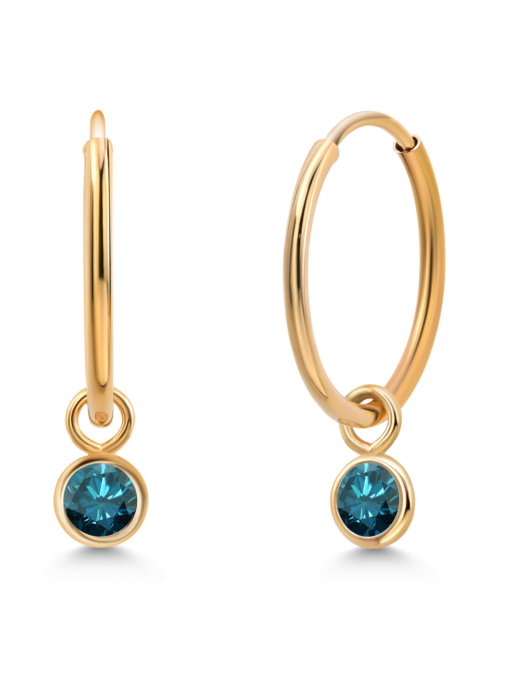 14K Yellow Gold Blue Diamond Hoop Earrings F7544