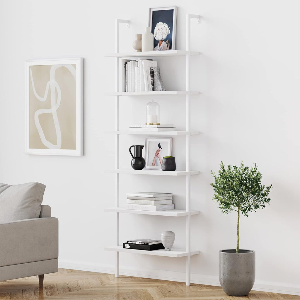 White/Gold 5-Shelf Ladder Bookcase with Metal Frame P948665