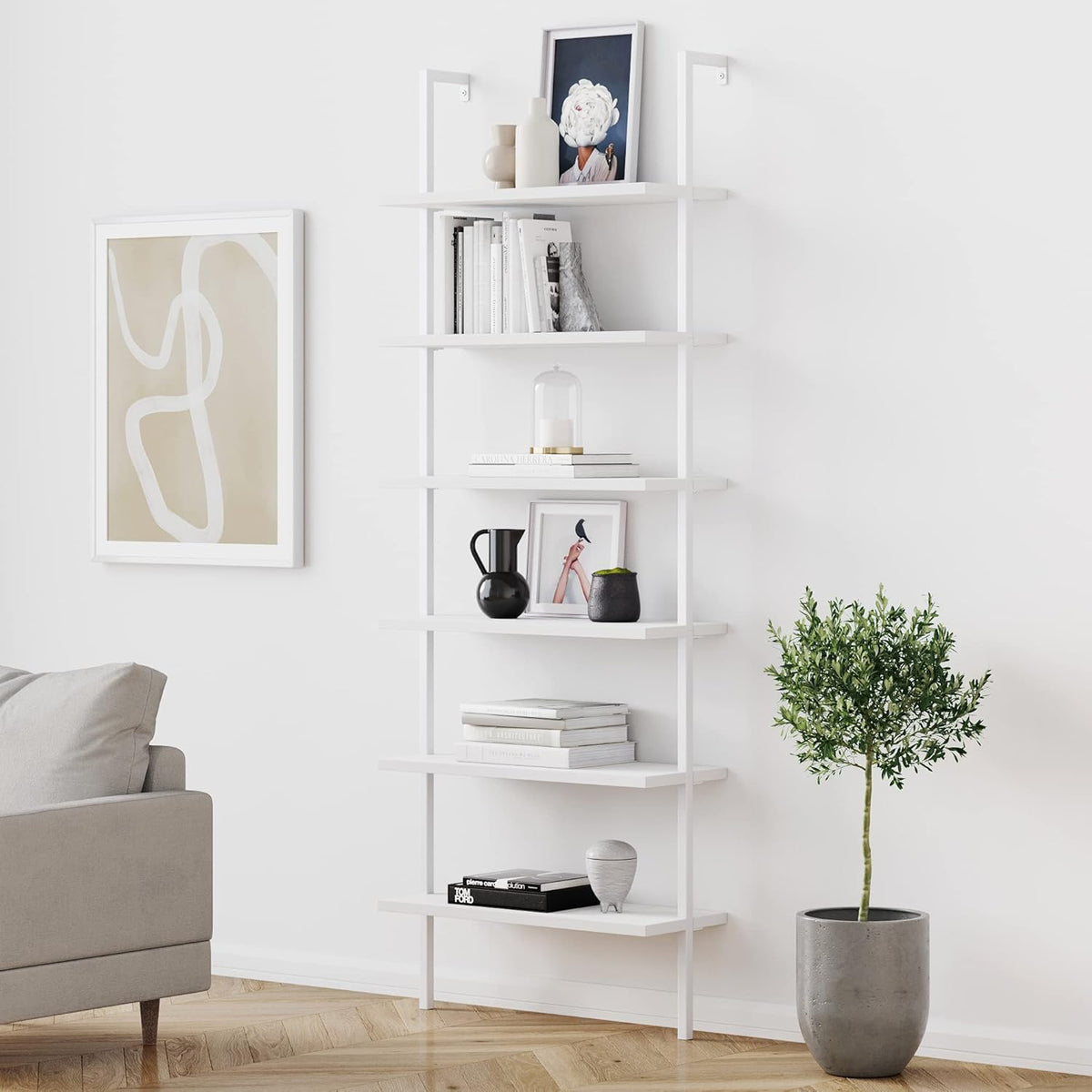 White/Gold 5-Shelf Ladder Bookcase with Metal Frame P948665