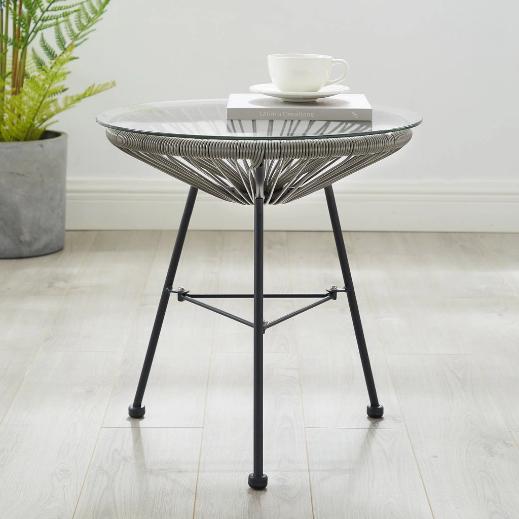Woven Wicker Patio Side Table with Glass Top Y97616