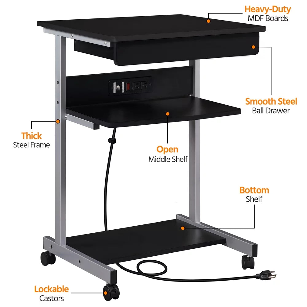 22in Rolling Laptop Computer Desk with Power Outlet, Black Y1944